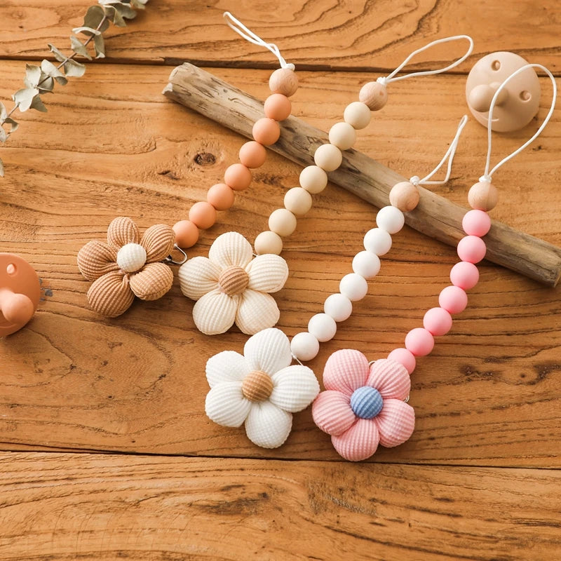 Baby Pacifier Chain Flower Shape Beech Wood Removable Clip For Handmade Baby Nipple Soother Chain Teething Toys Baby Accessories